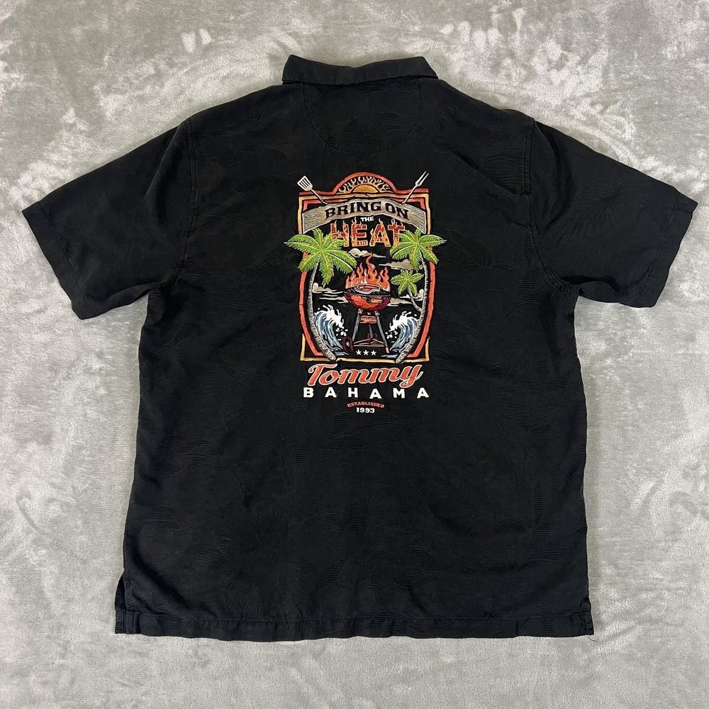 Tommy Bahama 100% Silk Shirt Mens Large Black Bring On The Heat Embroidered